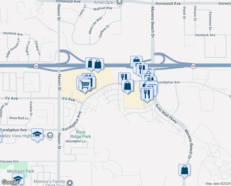 map of restaurants, bars, coffee shops, grocery stores, and more near 27440 Red Rock Road in Moreno Valley