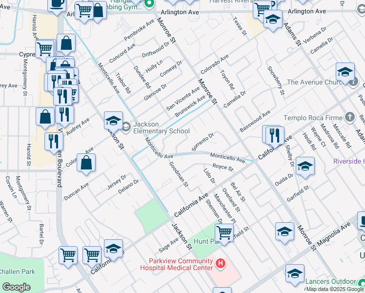 map of restaurants, bars, coffee shops, grocery stores, and more near 8888 Patrero Street in Riverside