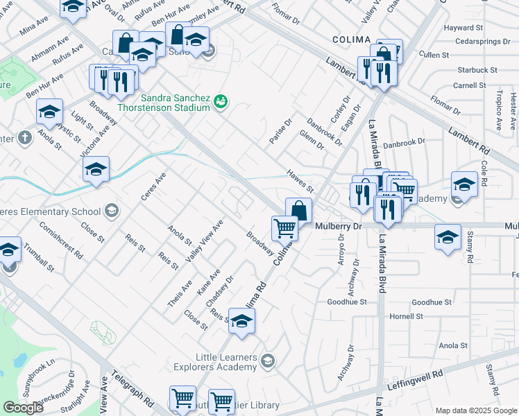 map of restaurants, bars, coffee shops, grocery stores, and more near 10715 Kane Avenue in Whittier