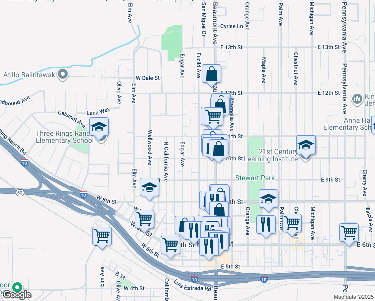 map of restaurants, bars, coffee shops, grocery stores, and more near 1025 Euclid Avenue in Beaumont