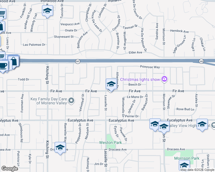 map of restaurants, bars, coffee shops, grocery stores, and more near 12711 Mulberry Lane in Moreno Valley