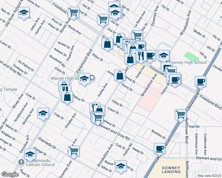 map of restaurants, bars, coffee shops, grocery stores, and more near 11628 Gurley Avenue in Downey
