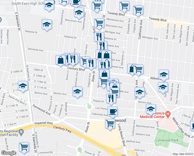 map of restaurants, bars, coffee shops, grocery stores, and more near 10731 Barlow Ave in Lynwood
