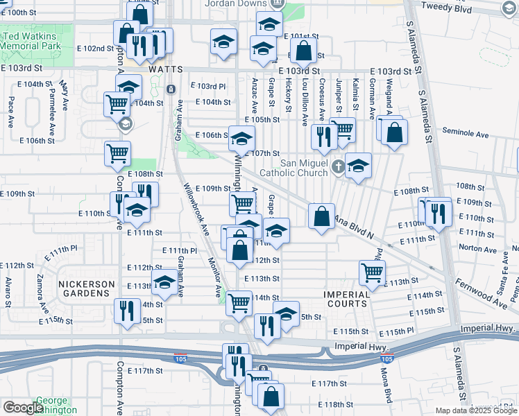 map of restaurants, bars, coffee shops, grocery stores, and more near 10958 Anzac Avenue in Los Angeles