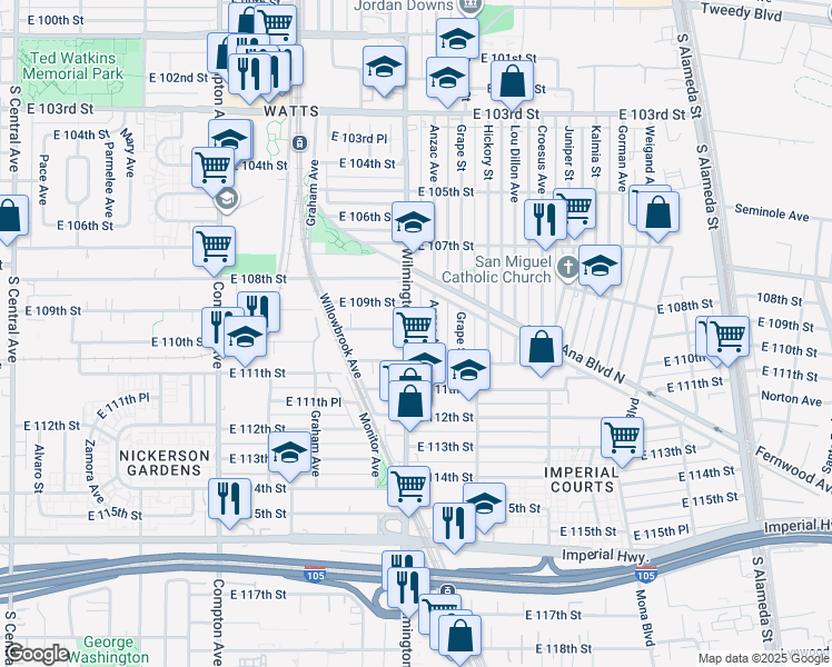 map of restaurants, bars, coffee shops, grocery stores, and more near 10959 Wilmington Avenue in Los Angeles