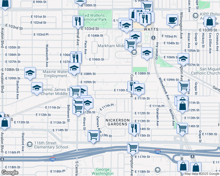 map of restaurants, bars, coffee shops, grocery stores, and more near 1423 E 110th St in Los Angeles