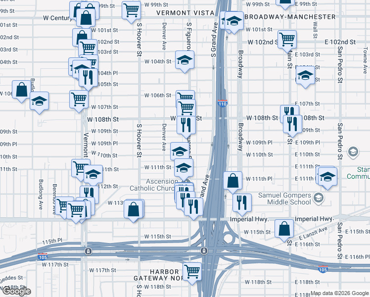 map of restaurants, bars, coffee shops, grocery stores, and more near 10958 South Figueroa Street in Los Angeles