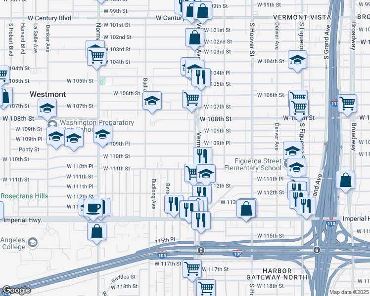 map of restaurants, bars, coffee shops, grocery stores, and more near 1028 1/2 West 109th Place in Los Angeles