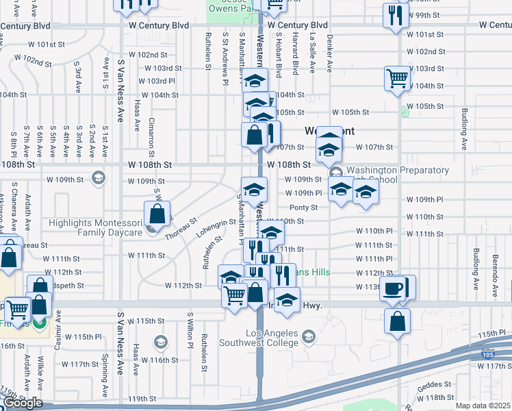 map of restaurants, bars, coffee shops, grocery stores, and more near 10947 South Western Avenue in Los Angeles