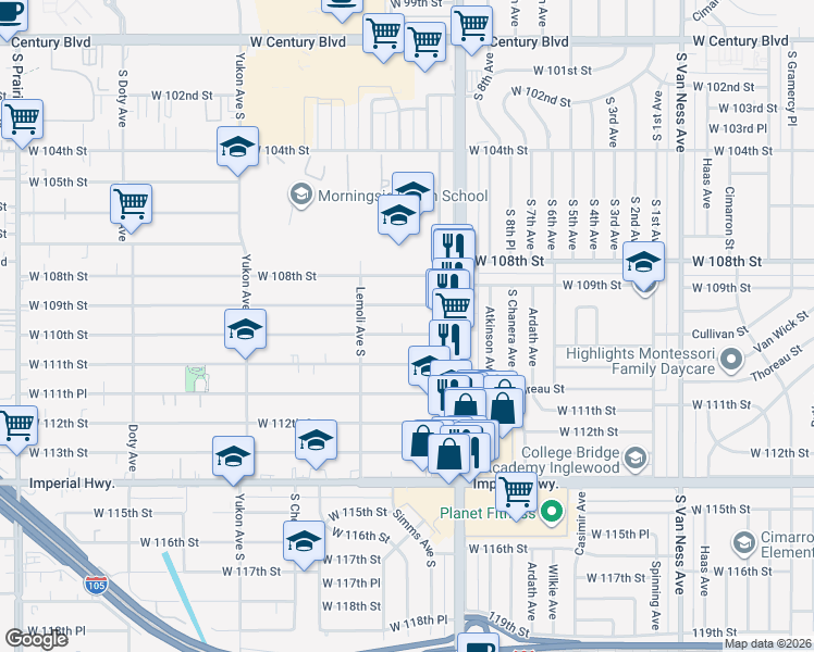 map of restaurants, bars, coffee shops, grocery stores, and more near 3221 West 110th Street in Inglewood