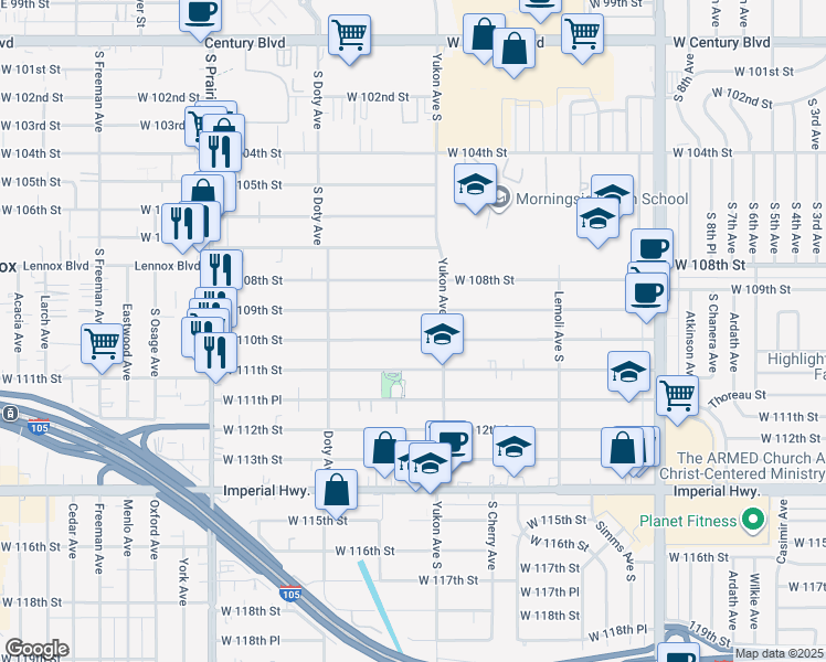 map of restaurants, bars, coffee shops, grocery stores, and more near 3645 West 110th Street in Inglewood