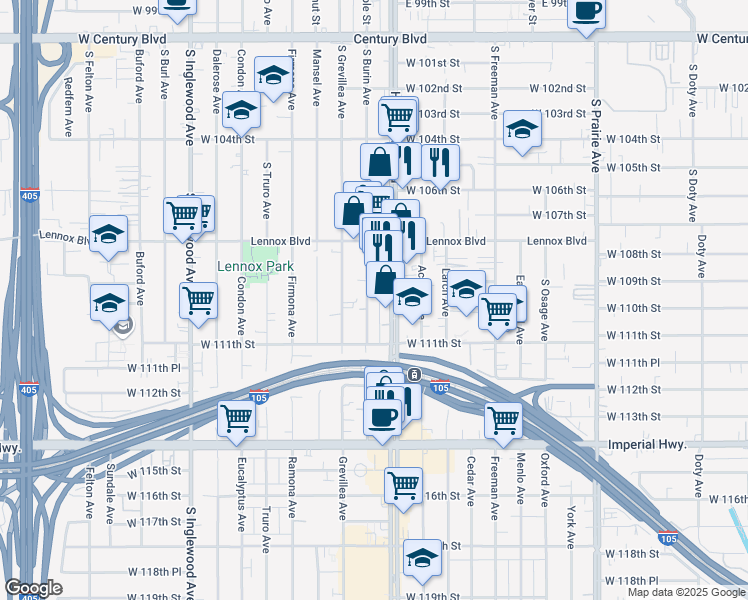 map of restaurants, bars, coffee shops, grocery stores, and more near 11003 Hawthorne Boulevard in Inglewood