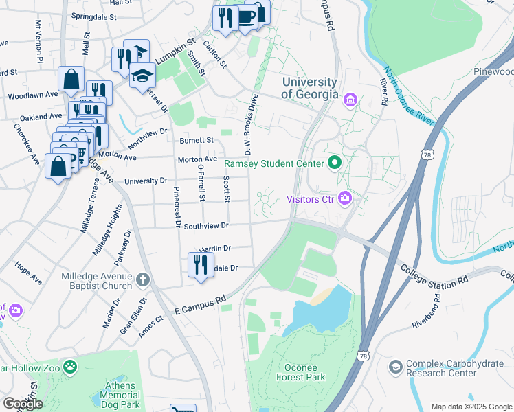 map of restaurants, bars, coffee shops, grocery stores, and more near 810 Agriculture Drive in Athens