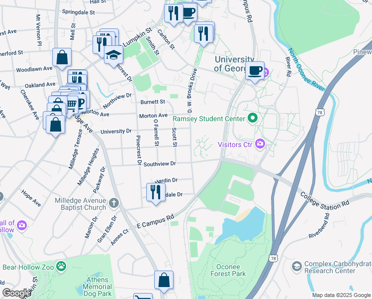 map of restaurants, bars, coffee shops, grocery stores, and more near 810 Agriculture Drive in Athens