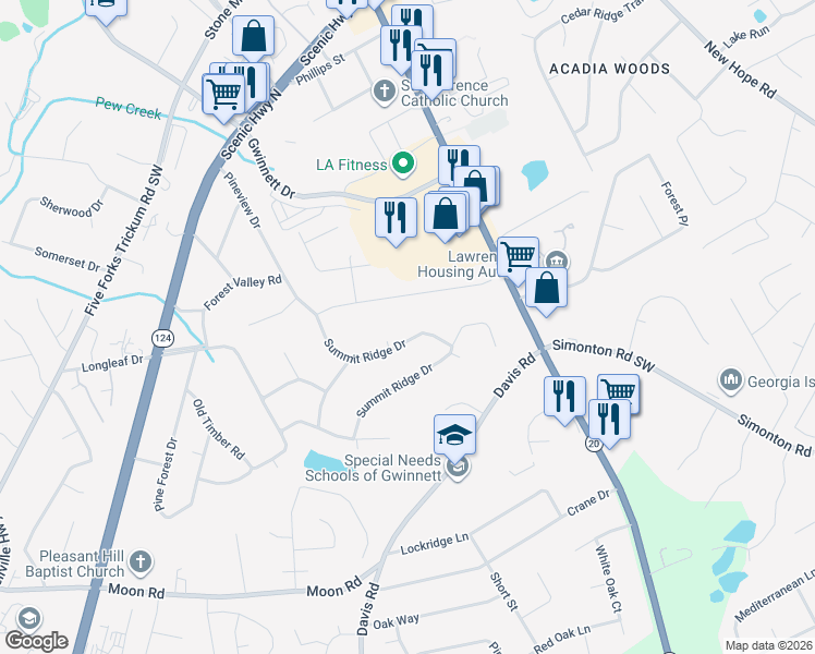 map of restaurants, bars, coffee shops, grocery stores, and more near 342 Summit Ridge Drive in Lawrenceville