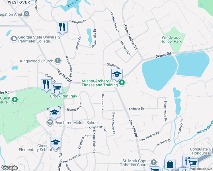 map of restaurants, bars, coffee shops, grocery stores, and more near 4810 Tilly Mill Road in Doraville
