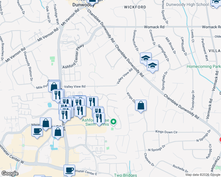 map of restaurants, bars, coffee shops, grocery stores, and more near 1411 Valley View Road in Dunwoody