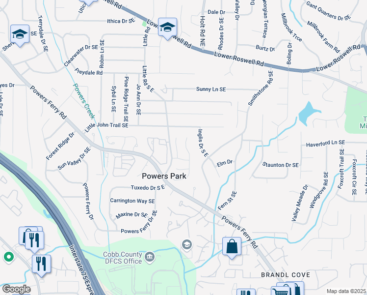 map of restaurants, bars, coffee shops, grocery stores, and more near 566 Lullingstone Drive Southeast in Marietta