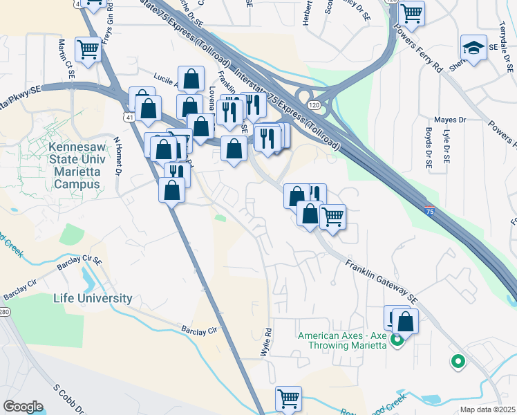map of restaurants, bars, coffee shops, grocery stores, and more near 510 Augusta Drive in Marietta