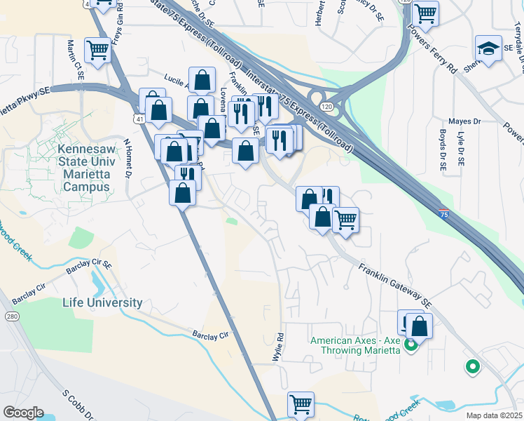 map of restaurants, bars, coffee shops, grocery stores, and more near 510 Augusta Drive in Marietta