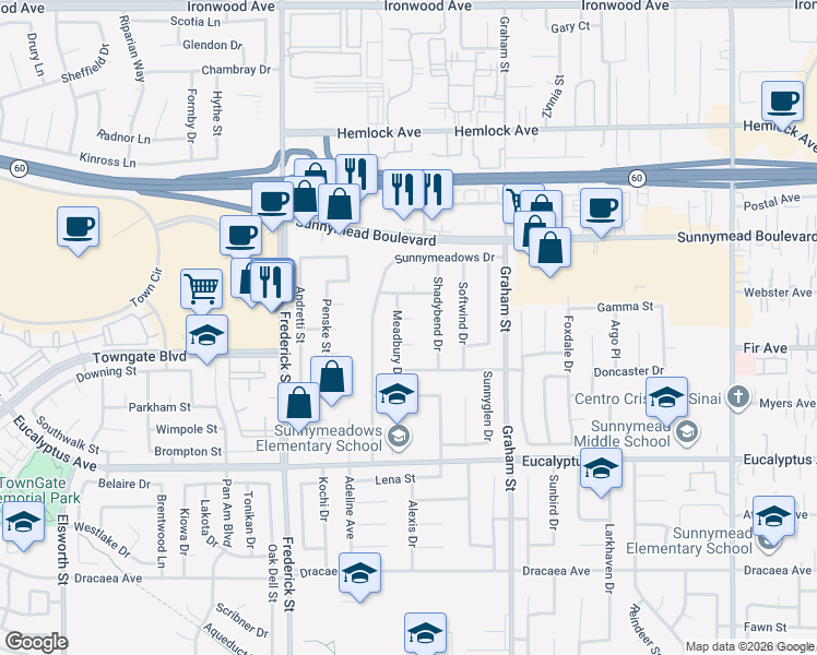 map of restaurants, bars, coffee shops, grocery stores, and more near 23285 Merrygrove Circle in Moreno Valley