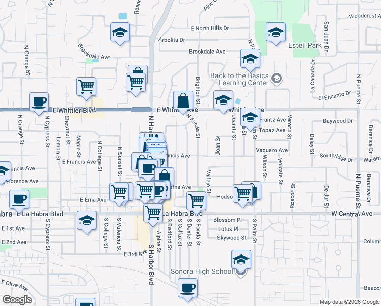 map of restaurants, bars, coffee shops, grocery stores, and more near 510 North Dexter Street in La Habra