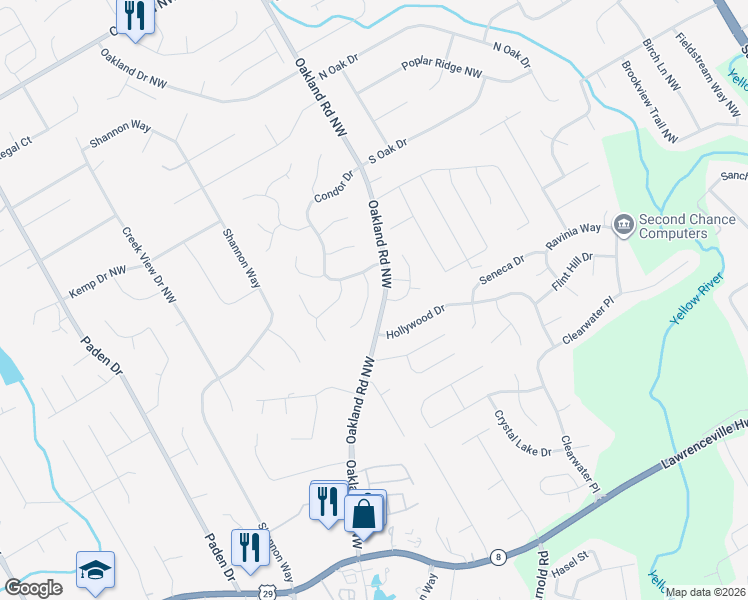 map of restaurants, bars, coffee shops, grocery stores, and more near 2196 Meadow Valley Circle in Lawrenceville