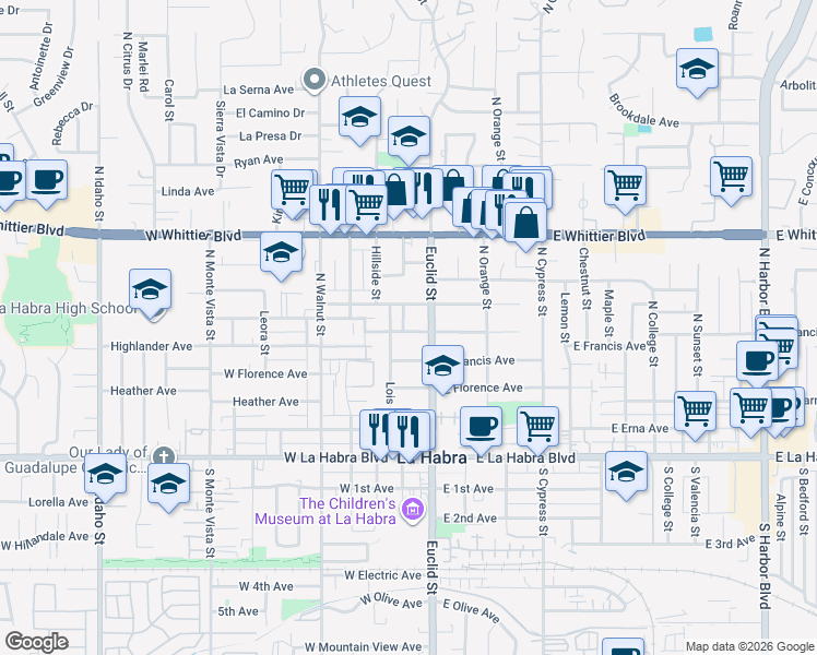 map of restaurants, bars, coffee shops, grocery stores, and more near 503 North Euclid Street in La Habra