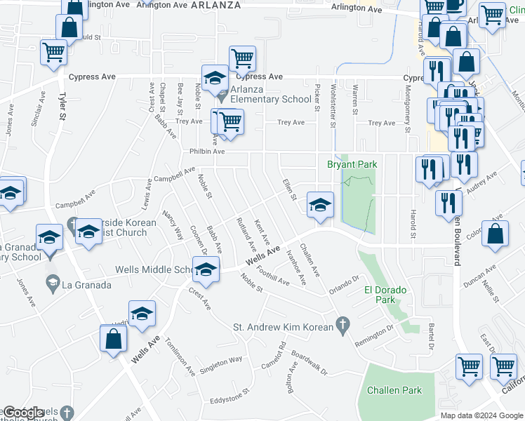 map of restaurants, bars, coffee shops, grocery stores, and more near 5434 Ivanhoe Avenue in Riverside