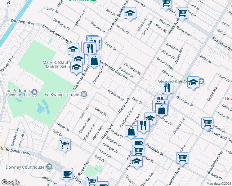 map of restaurants, bars, coffee shops, grocery stores, and more near 7637 Brunache Street in Downey