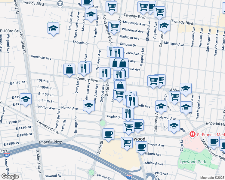 map of restaurants, bars, coffee shops, grocery stores, and more near 10727 Barlow Avenue in Lynwood