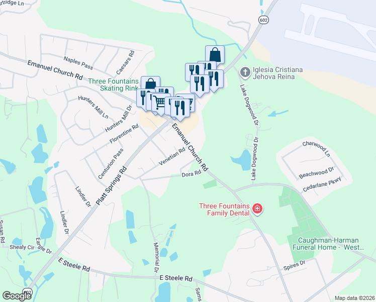 map of restaurants, bars, coffee shops, grocery stores, and more near 2600 Emanuel Church Road in West Columbia