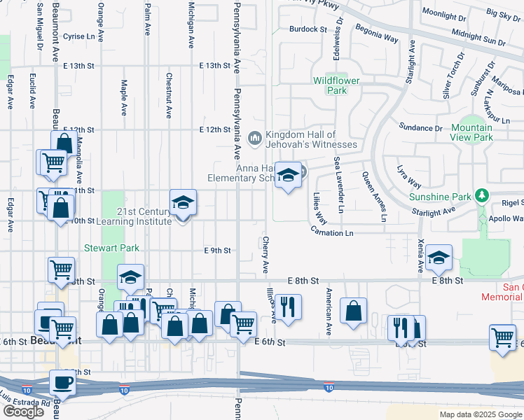 map of restaurants, bars, coffee shops, grocery stores, and more near 1005 Cherry Avenue in Beaumont