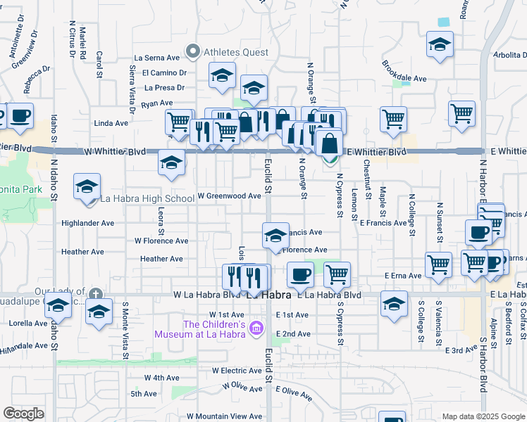 map of restaurants, bars, coffee shops, grocery stores, and more near 503 N Euclid St in La Habra