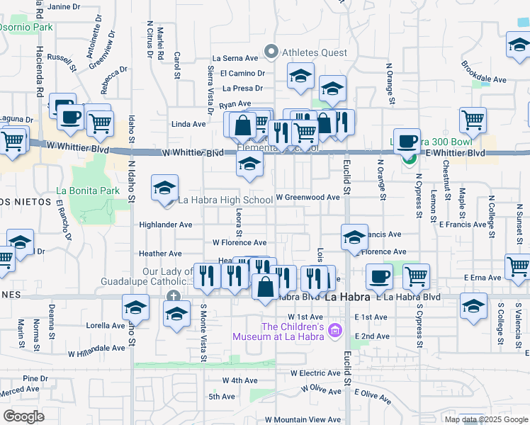 map of restaurants, bars, coffee shops, grocery stores, and more near 510 West Greenwood Avenue in La Habra