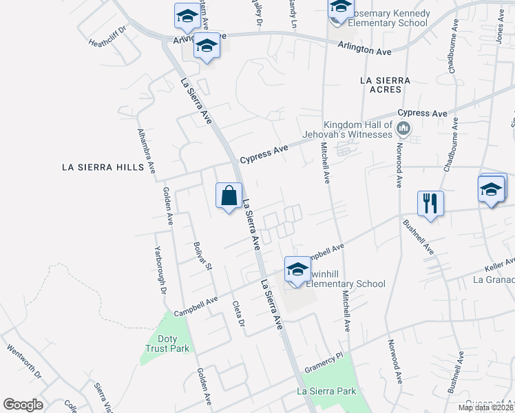 map of restaurants, bars, coffee shops, grocery stores, and more near 11031 Sierra Tree Lane in Riverside