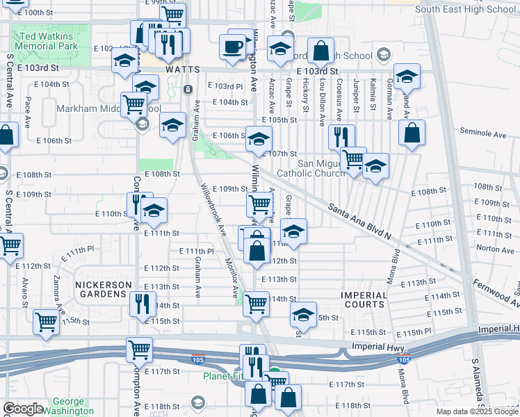 map of restaurants, bars, coffee shops, grocery stores, and more near 10952 Wilmington Avenue in Los Angeles