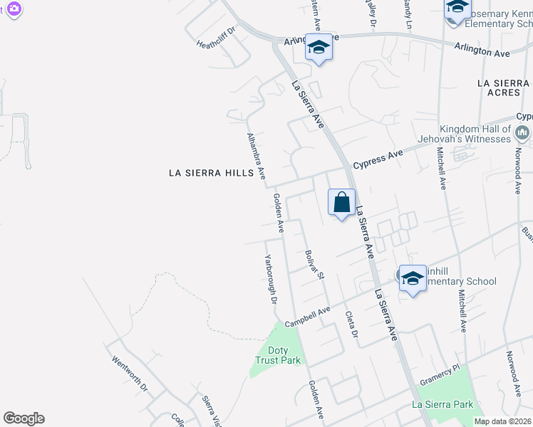 map of restaurants, bars, coffee shops, grocery stores, and more near 11324 Reid Court in Riverside