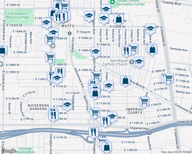 map of restaurants, bars, coffee shops, grocery stores, and more near 10952 Wilmington Avenue in Los Angeles