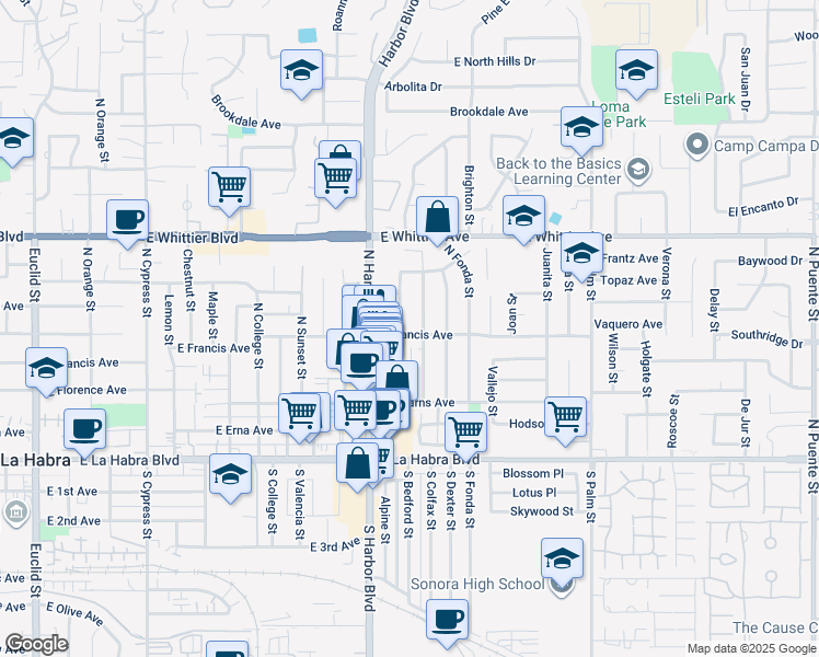 map of restaurants, bars, coffee shops, grocery stores, and more near 510 North Bedford Street in La Habra