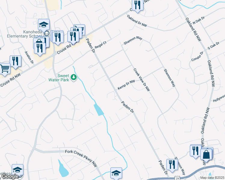 map of restaurants, bars, coffee shops, grocery stores, and more near 673 Paden Drive in Lawrenceville