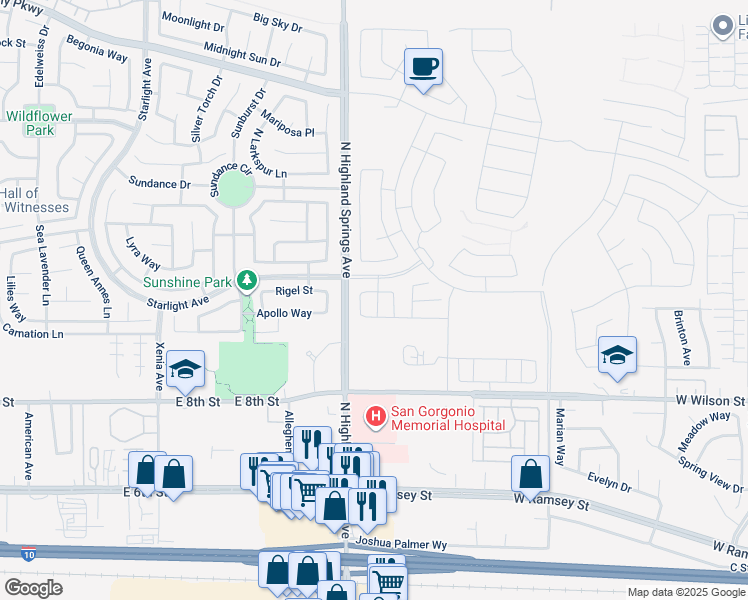 map of restaurants, bars, coffee shops, grocery stores, and more near 1161 Richland Drive in Banning