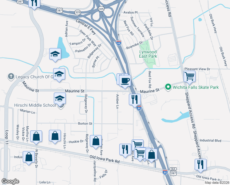 map of restaurants, bars, coffee shops, grocery stores, and more near 2025 Maurine Street in Wichita Falls