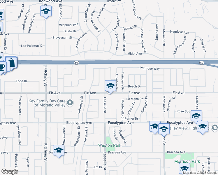 map of restaurants, bars, coffee shops, grocery stores, and more near 12711 Mulberry Lane in Moreno Valley