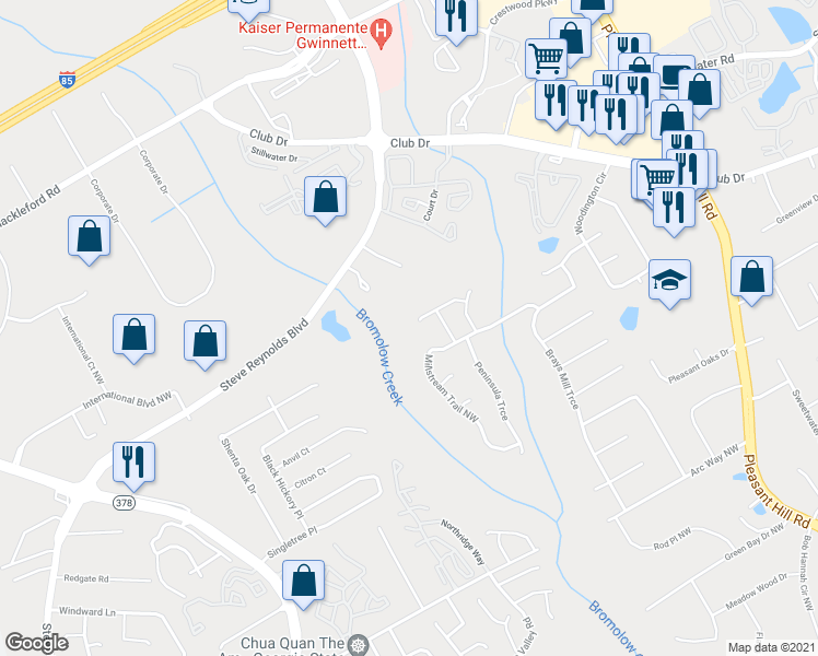 map of restaurants, bars, coffee shops, grocery stores, and more near 3975 Creek Water Court in Lawrenceville