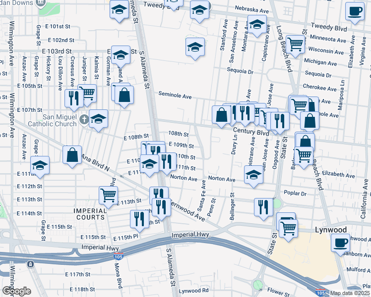 map of restaurants, bars, coffee shops, grocery stores, and more near 2664 East 109th Street in Lynwood