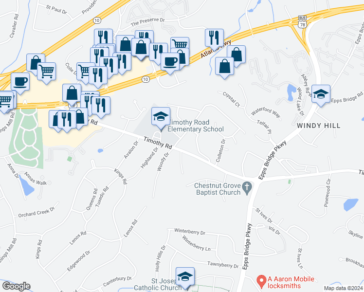 map of restaurants, bars, coffee shops, grocery stores, and more near 1820 Timothy Road in Athens
