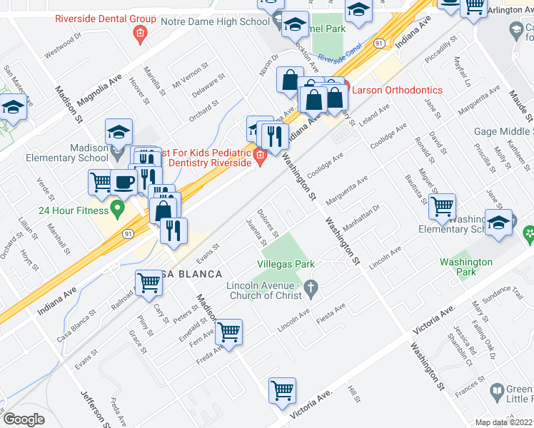 map of restaurants, bars, coffee shops, grocery stores, and more near 3181 Dolores Street in Riverside