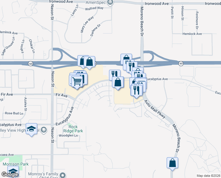 map of restaurants, bars, coffee shops, grocery stores, and more near 27488 Red Rock Road in Moreno Valley
