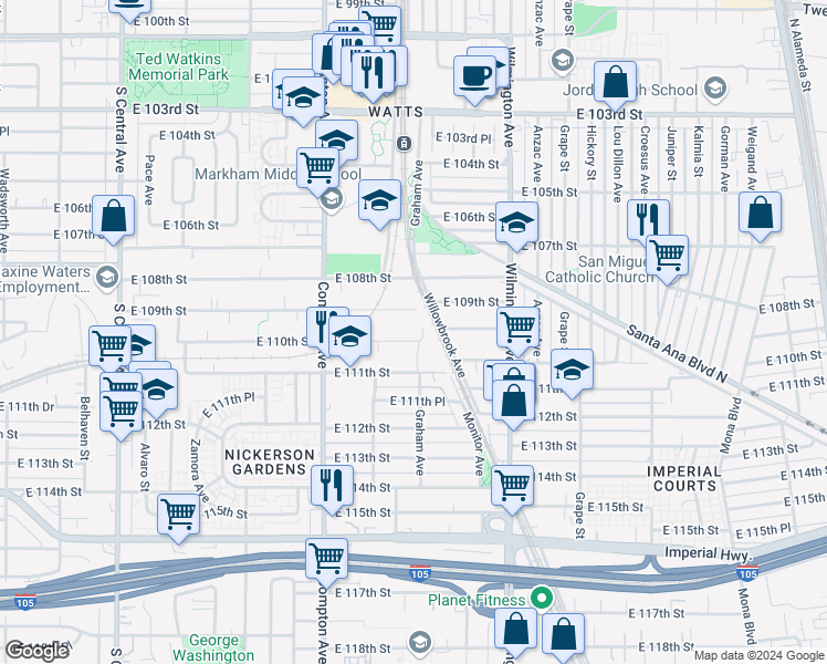 map of restaurants, bars, coffee shops, grocery stores, and more near 1693 East 110th Street in Los Angeles